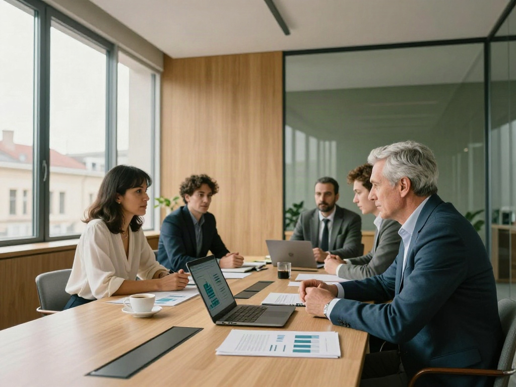 Consultants collaborating on data and strategy in a sunlit European boardroom
